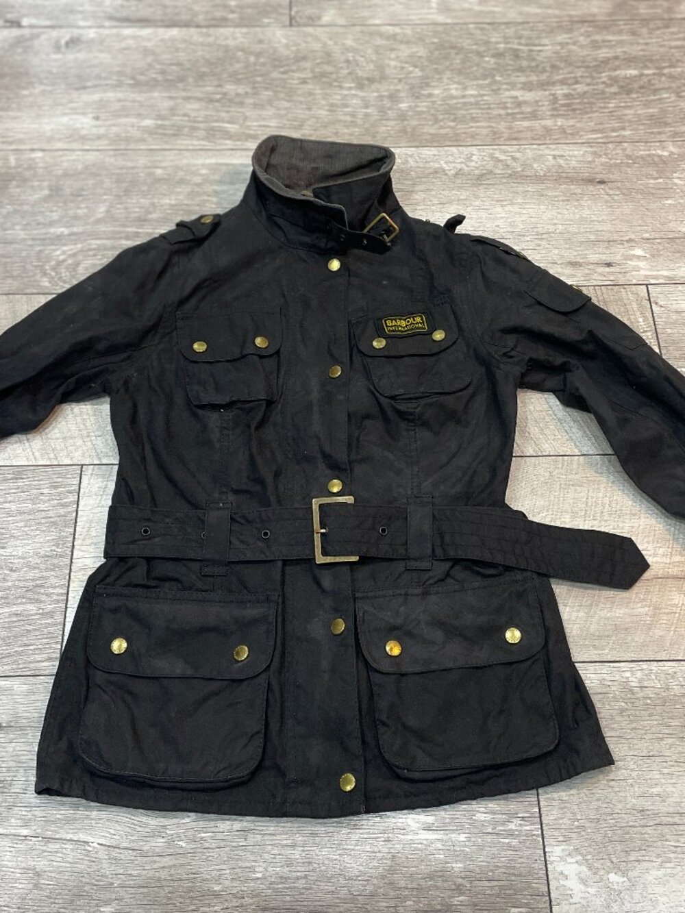 Barbour International Wax Jacket Belted Black Moto Biker Womens UK 8 - Picture 3 of 11